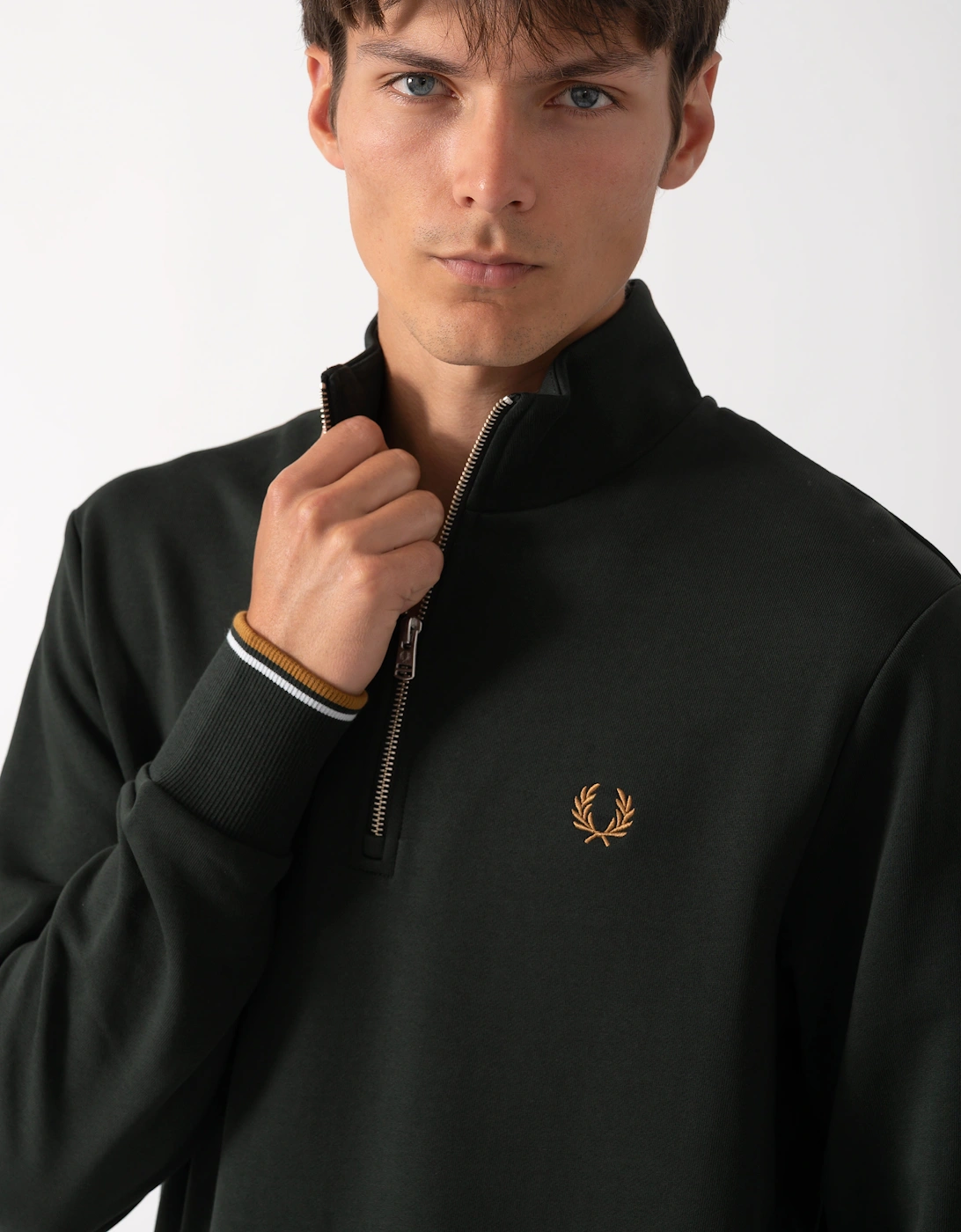 Fred Perry Mens Half Zip Sweatshirt - Night Green/Dusk Blue/Dark Caramel 78C