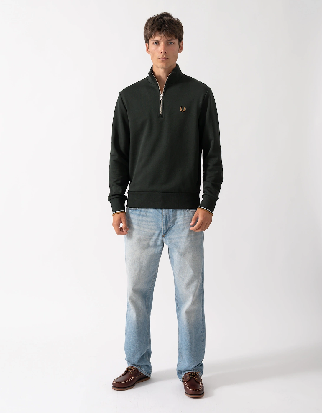 Fred Perry Mens Half Zip Sweatshirt - Night Green/Dusk Blue/Dark Caramel 78C