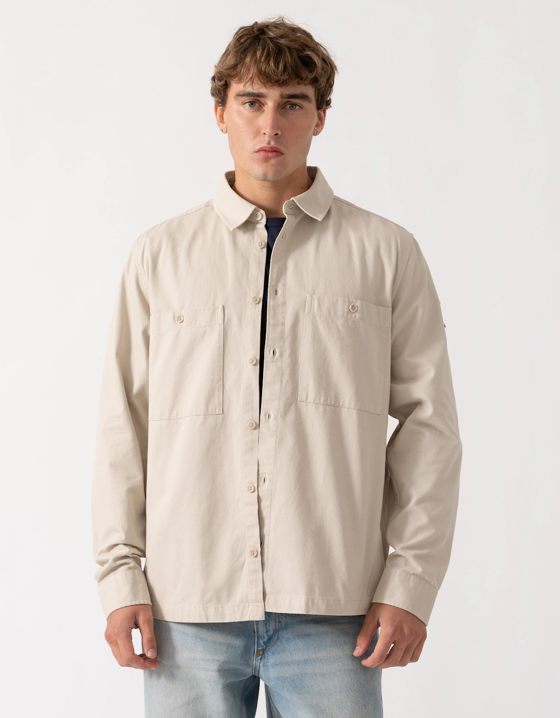 Belstaff Mens Outpost Shirt Cotton Herringbone - Pale Stone