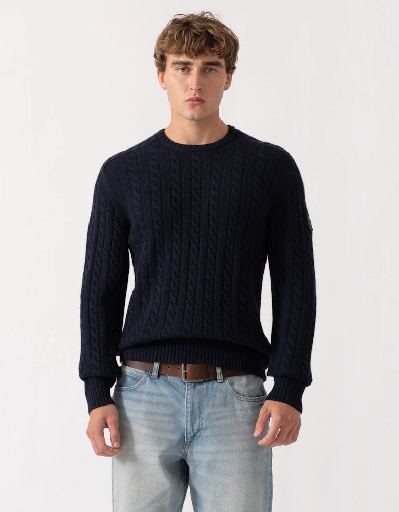 Belstaff Mens Westport Crew Neck Cable Knit Jumper - Dark Ink