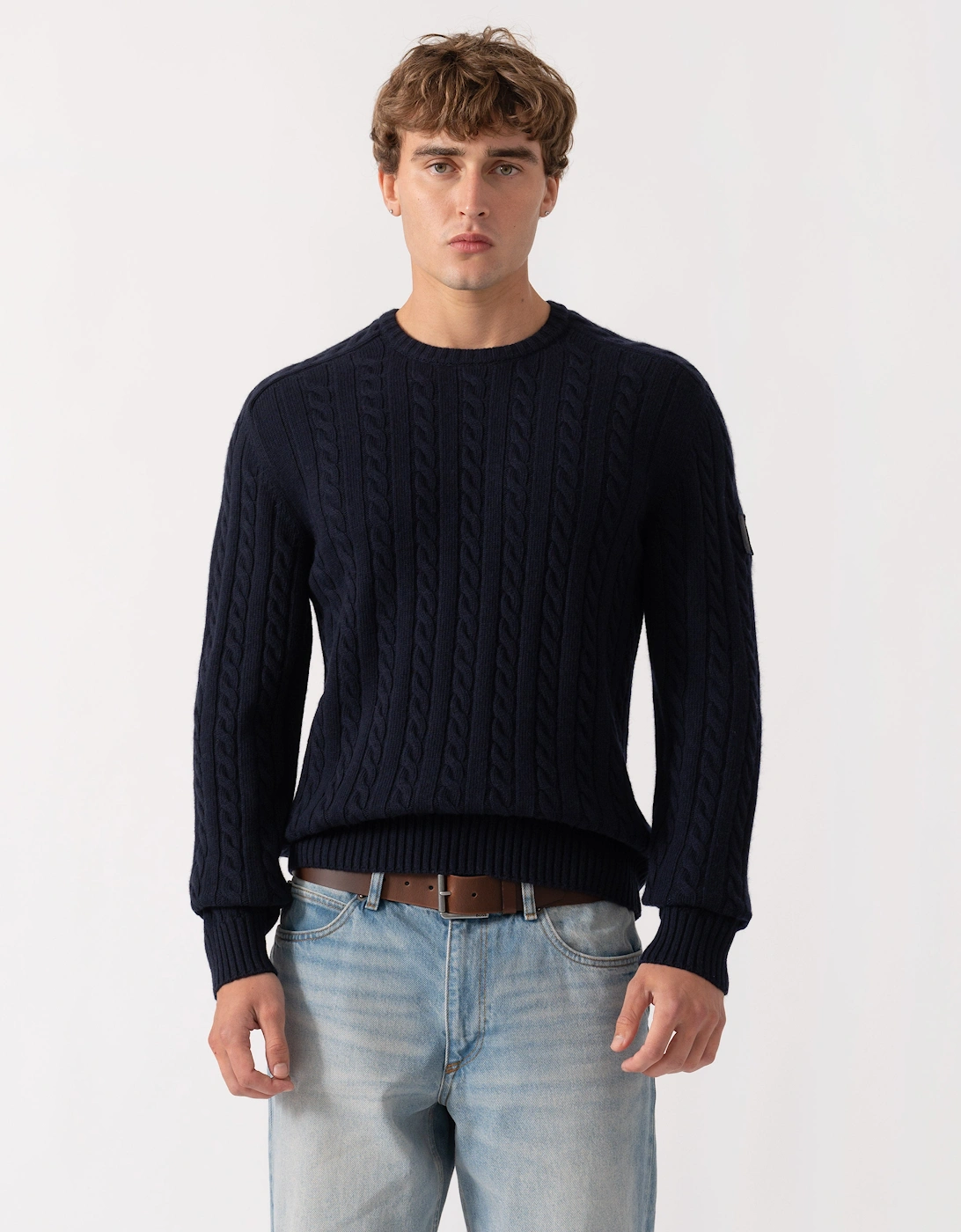 Belstaff Mens Westport Crew Neck Cable Knit Jumper - Dark Ink