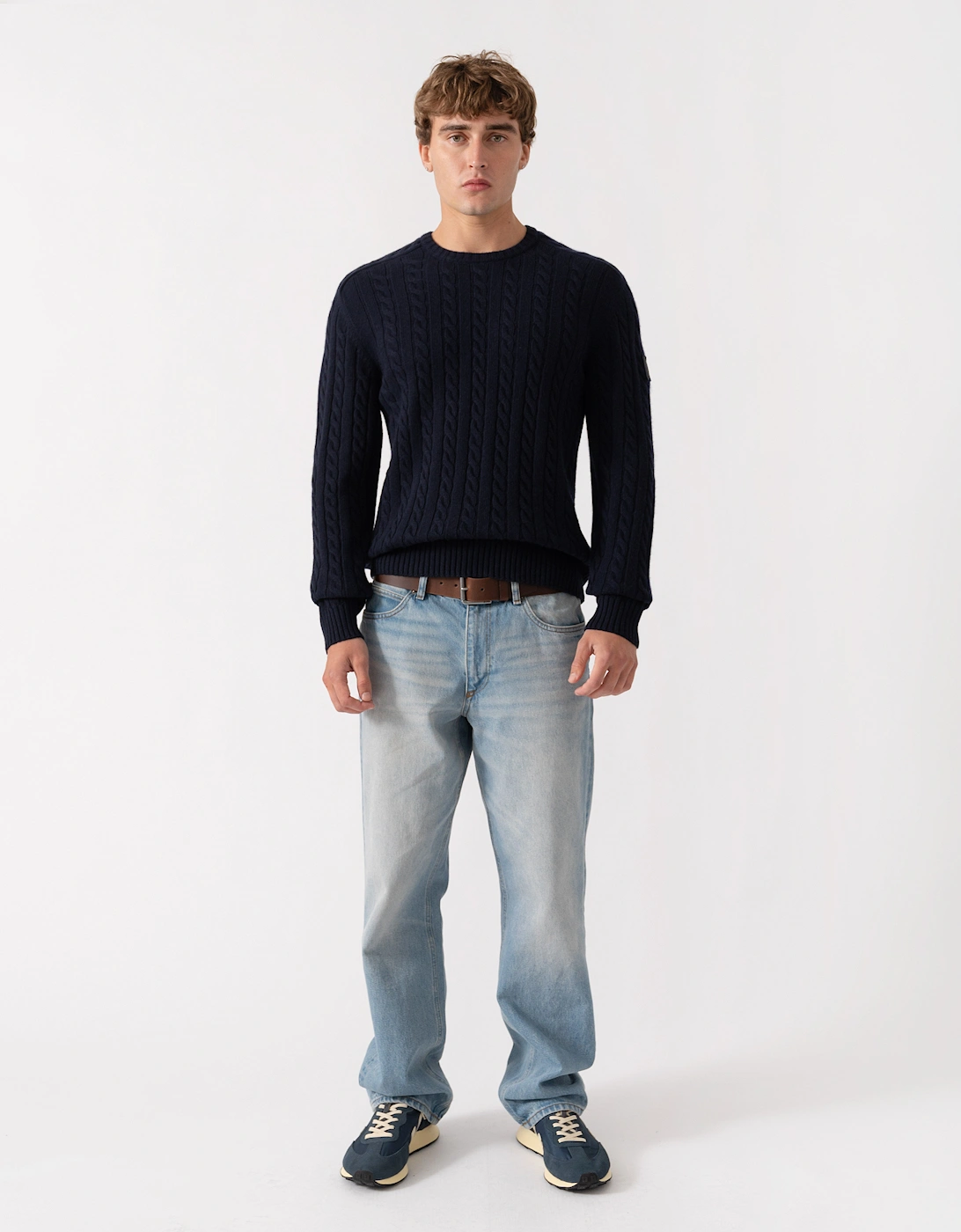 Belstaff Mens Westport Crew Neck Cable Knit Jumper - Dark Ink
