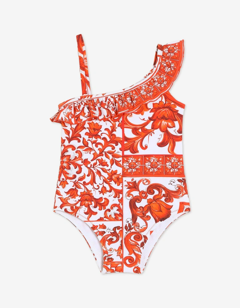 Dolce & Gabbana Baby Girls Majolica Print Swimsuit in Orange