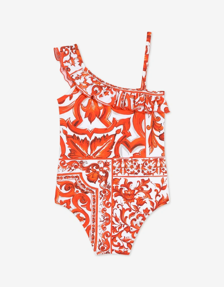 Dolce & Gabbana Baby Girls Majolica Print Swimsuit in Orange