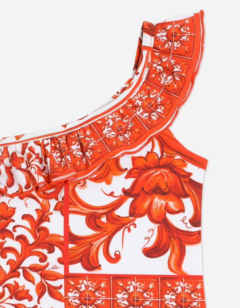 Dolce & Gabbana Baby Girls Majolica Print Swimsuit in Orange