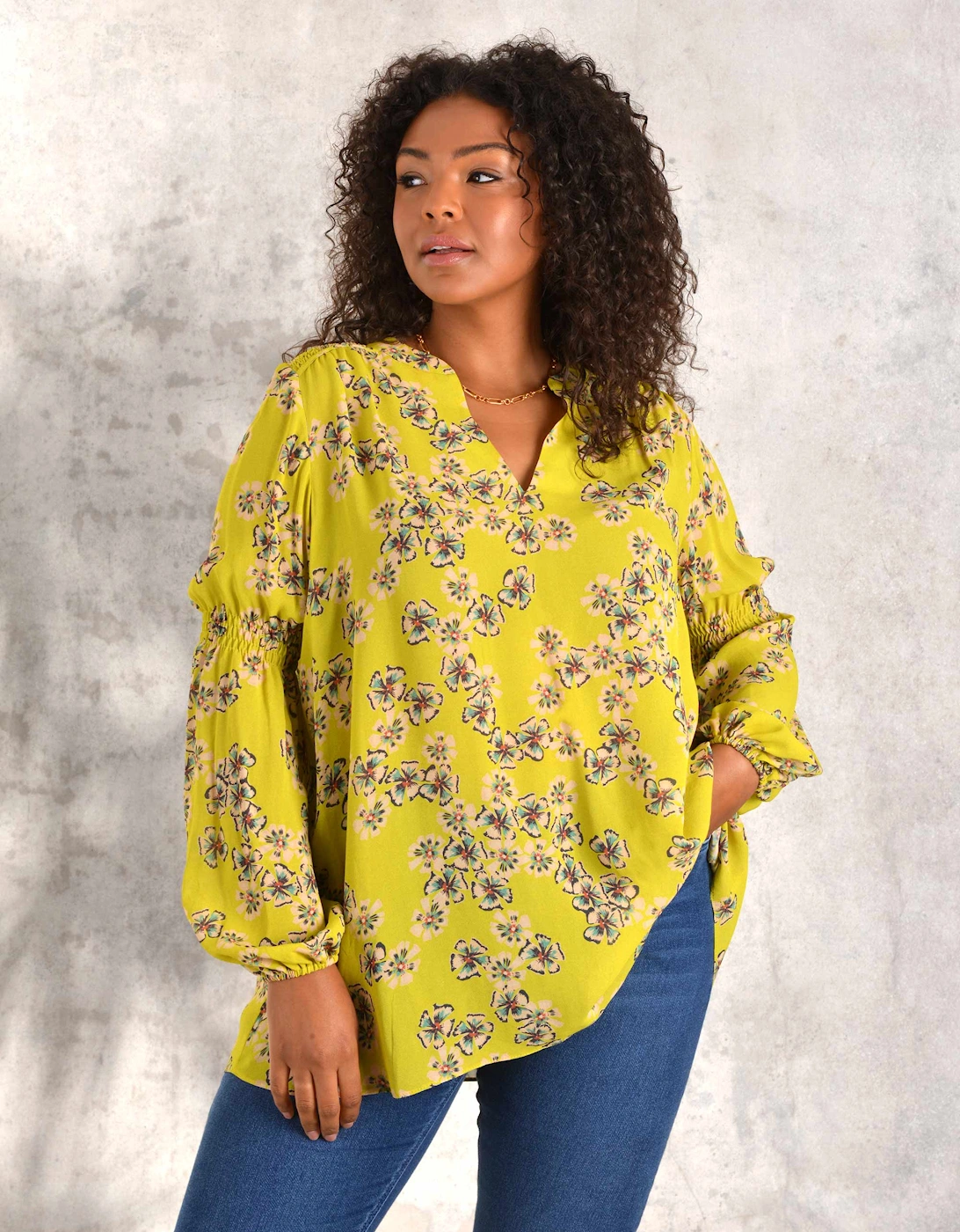 Chartreuse Floral Print Shirred Yoke Viscose Blouse