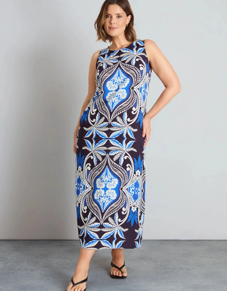 Blue Placement Print Sleeveless Maxi Dress