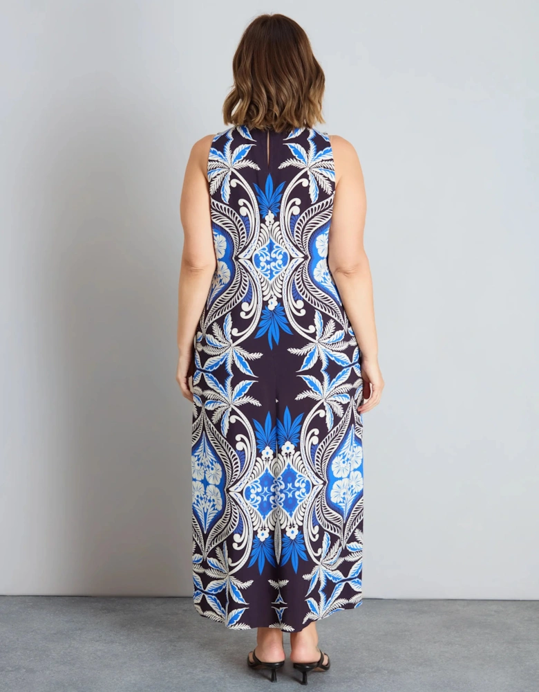 Blue Placement Print Sleeveless Maxi Dress