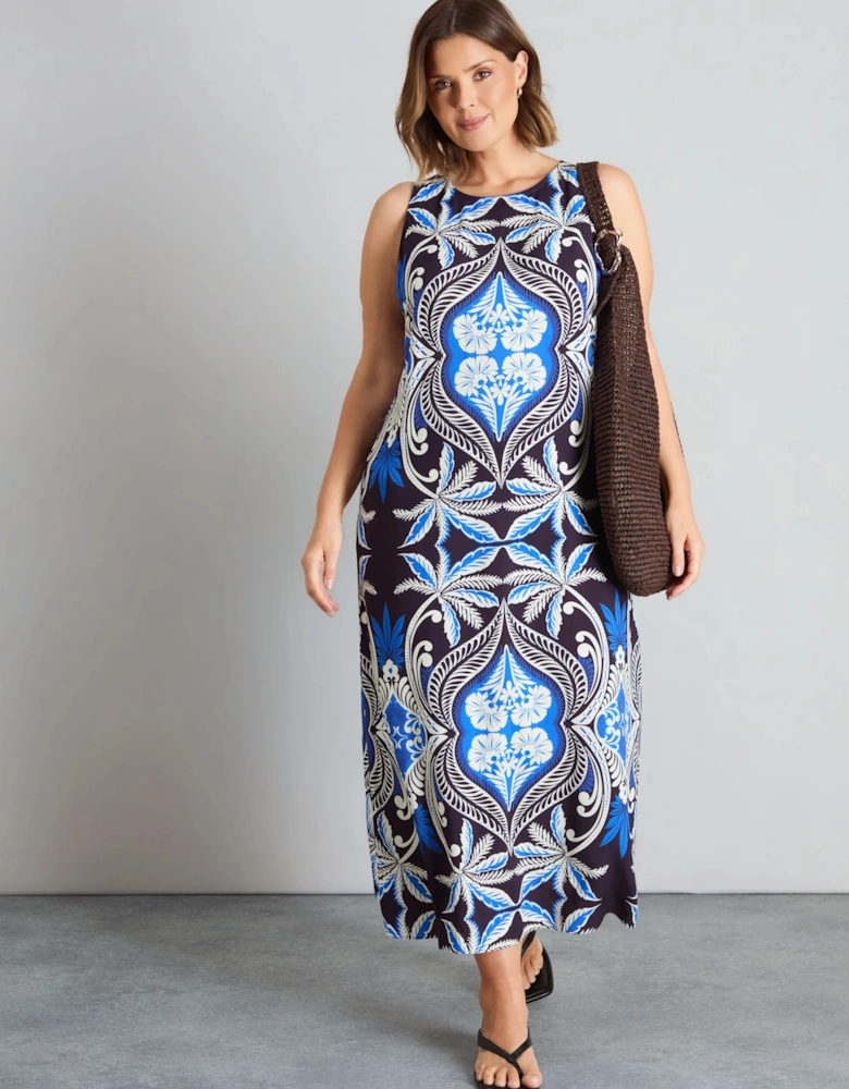 Blue Placement Print Sleeveless Maxi Dress