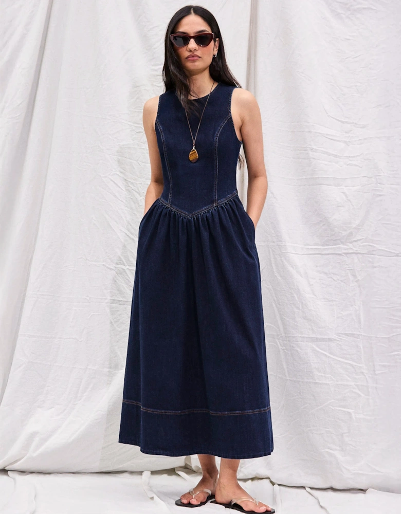 Indigo Denim Racer Midi Dress