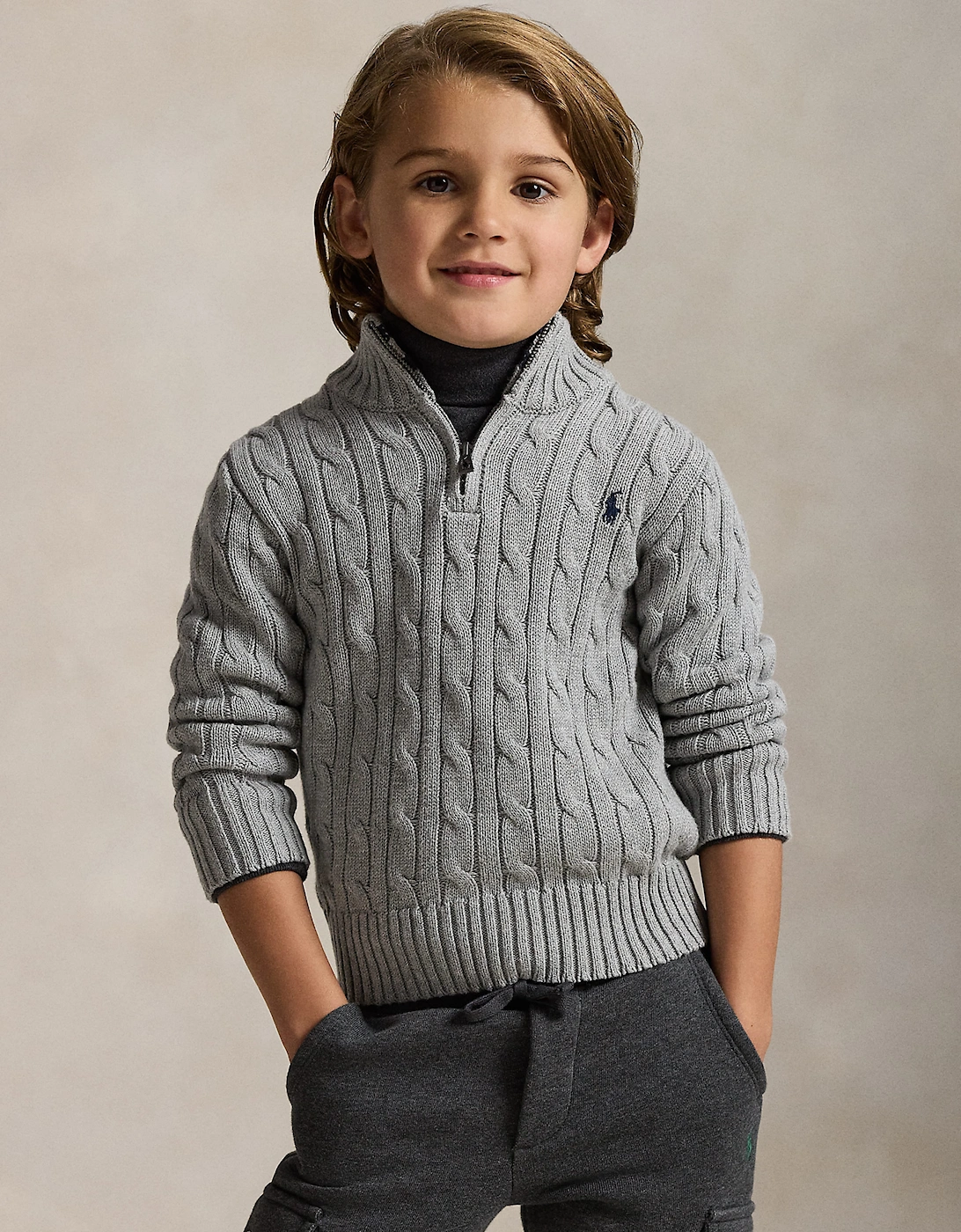 Ralph Lauren Boys Cable Knit Half Zip Jumper in Grey