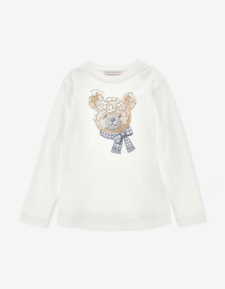 Monnalisa Girls Flower Bear Long Sleeve T-Shirt in Ivory
