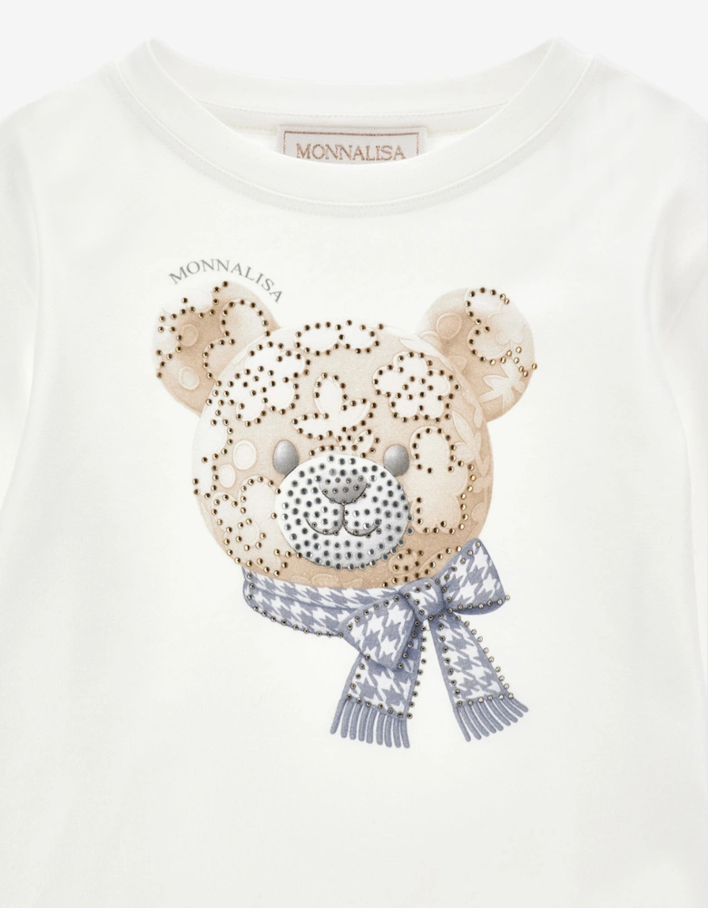Monnalisa Girls Flower Bear Long Sleeve T-Shirt in Ivory