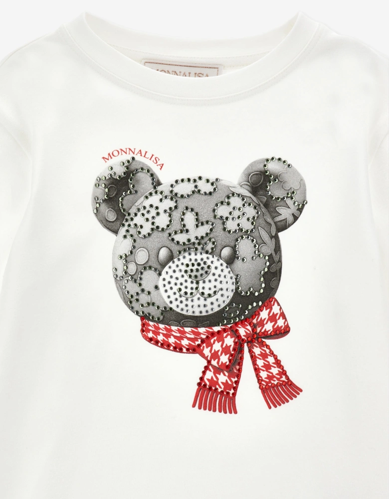 Monnalisa Girls Flower Bear Long Sleeve T-Shirt in Ivory