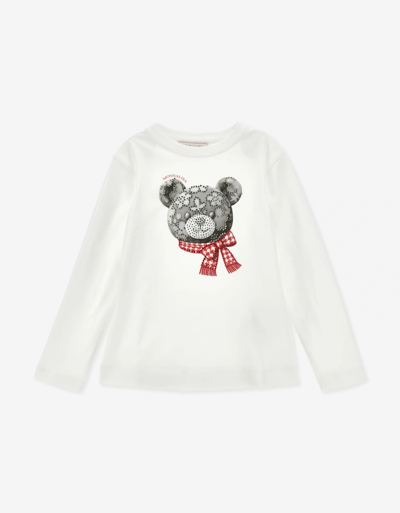 Monnalisa Girls Flower Bear Long Sleeve T-Shirt in Ivory