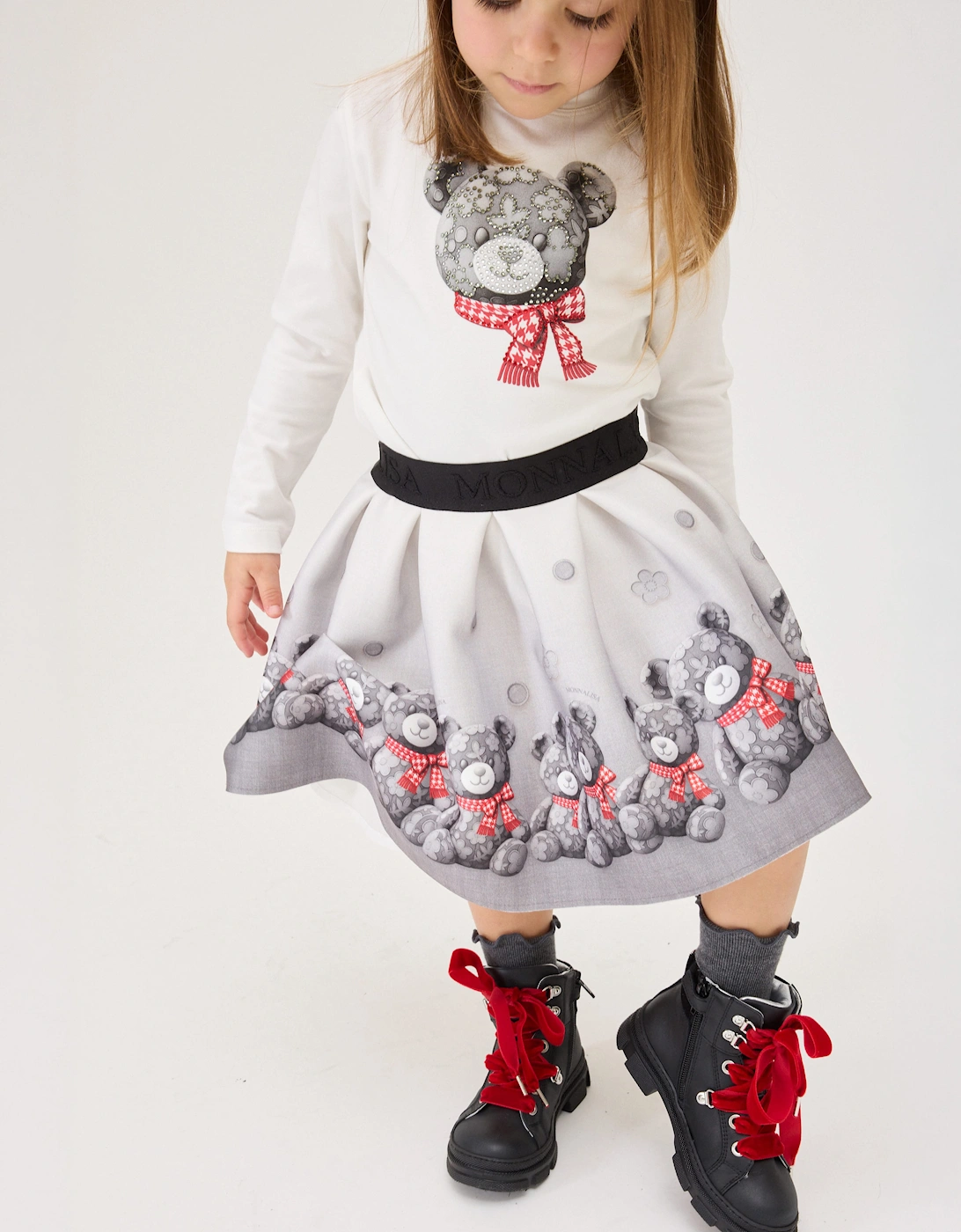 Monnalisa Girls Flower Bear Long Sleeve T-Shirt in Ivory