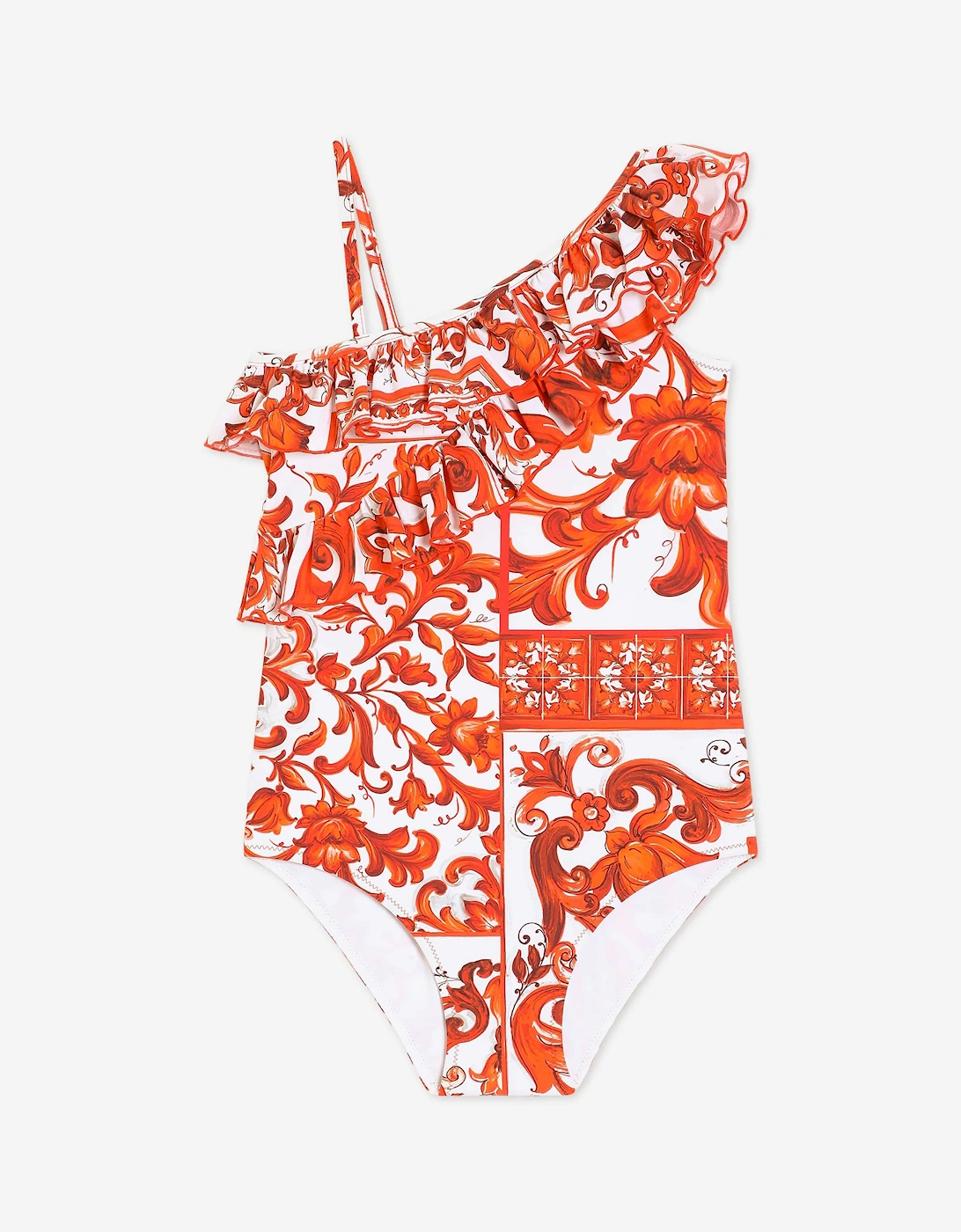 Dolce & Gabbana Girls Orange Majolica Print Ruffle Swimsuit  - Size 4 Years Kids