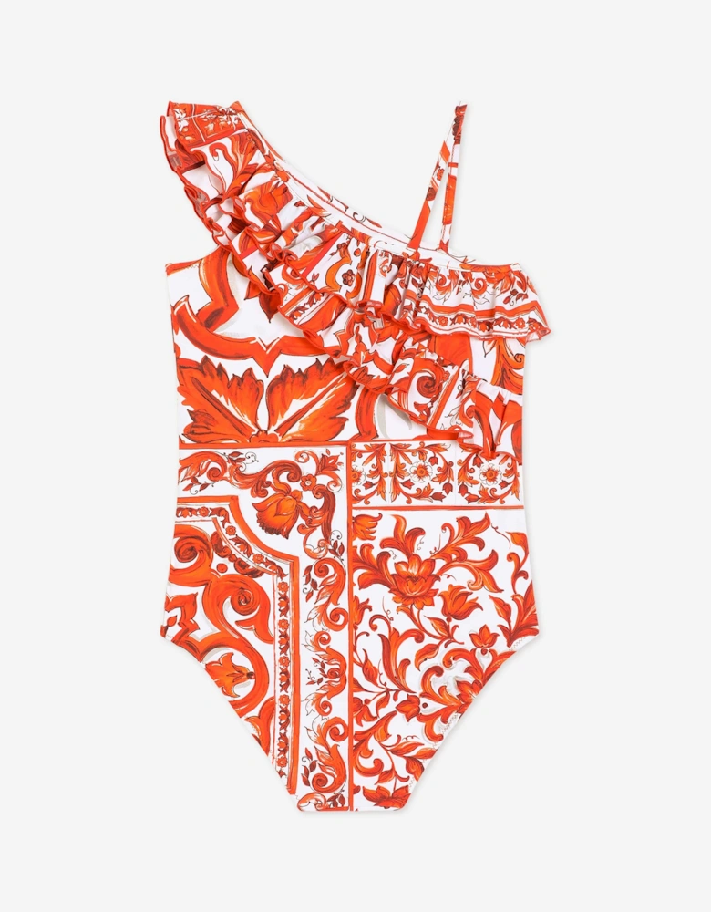 Dolce & Gabbana Girls Majolica Print Ruffle Swimsuit in Orange