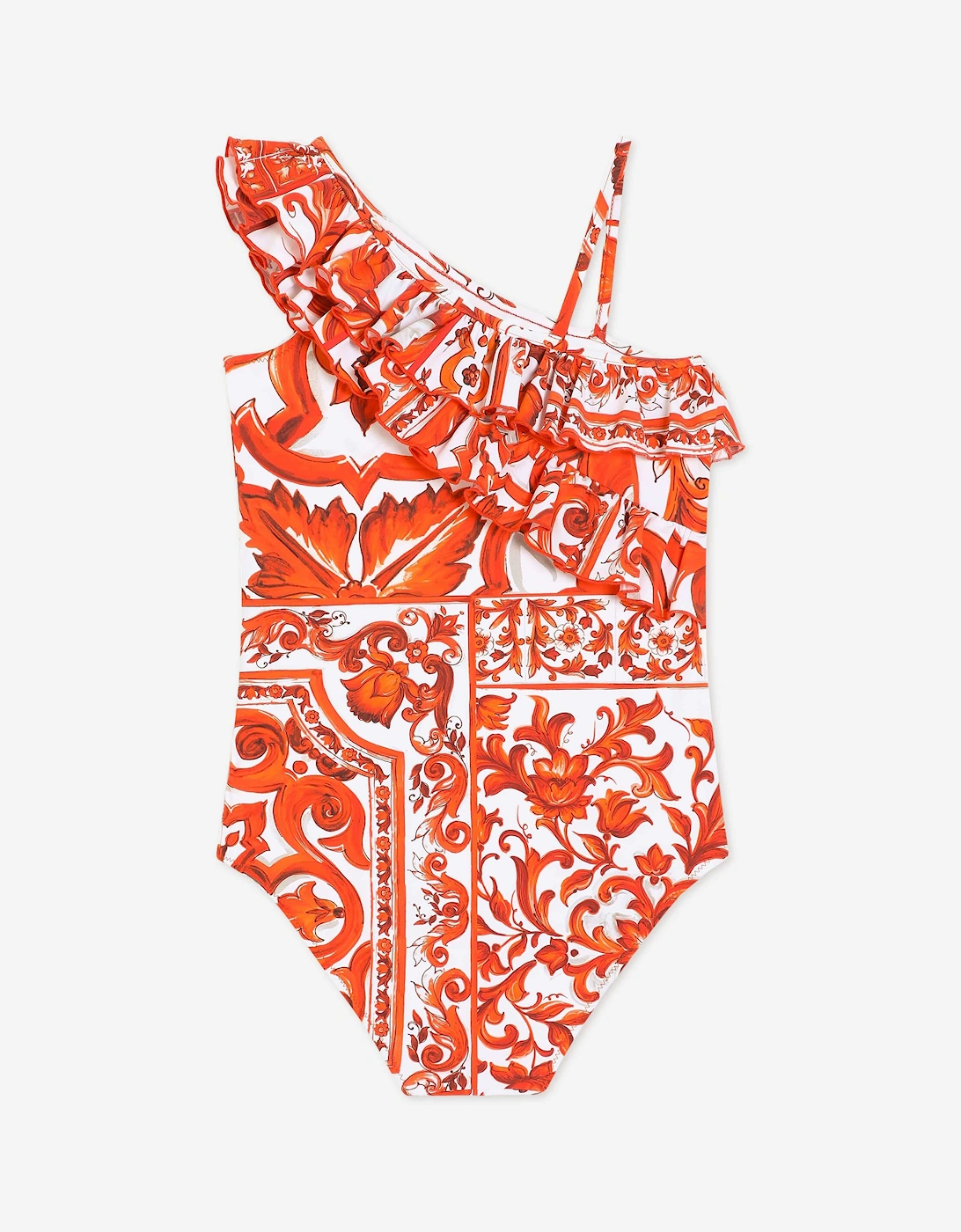 Dolce & Gabbana Girls Majolica Print Ruffle Swimsuit in Orange