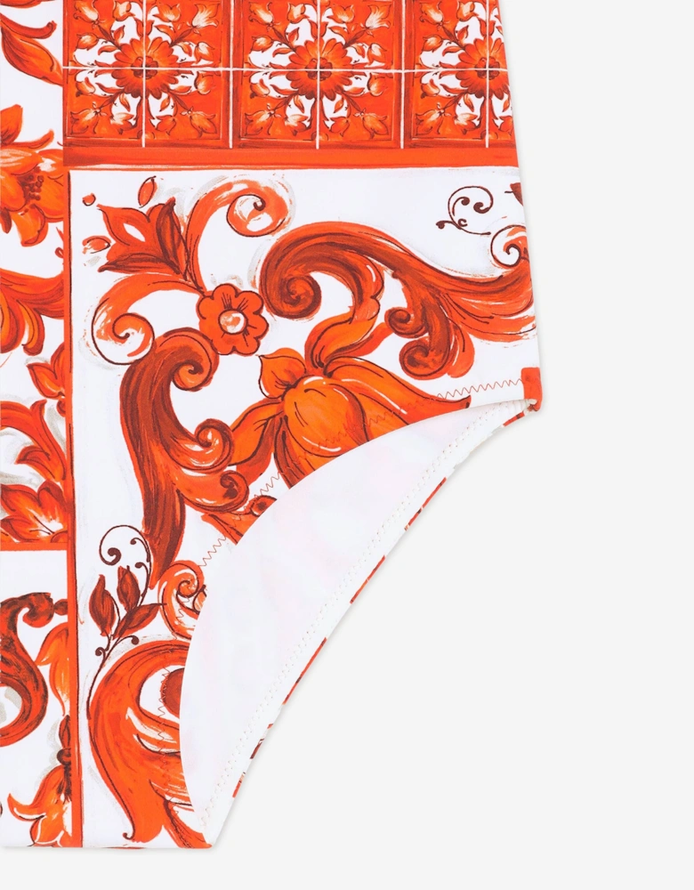 Dolce & Gabbana Girls Majolica Print Ruffle Swimsuit in Orange