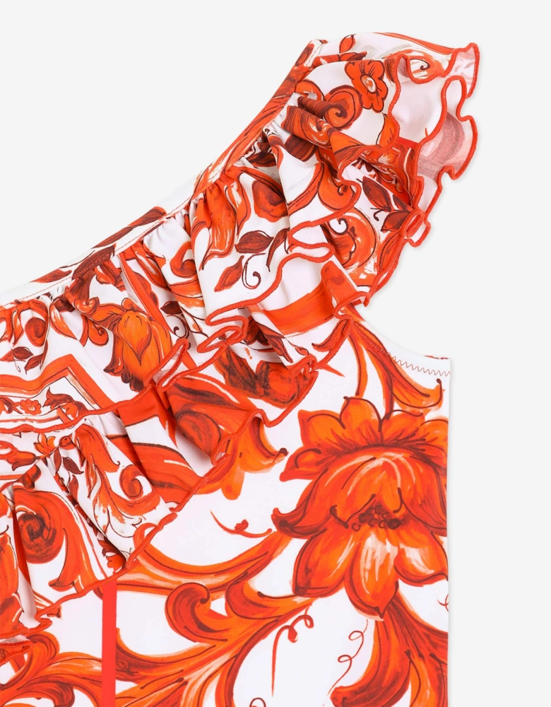 Dolce & Gabbana Girls Majolica Print Ruffle Swimsuit in Orange