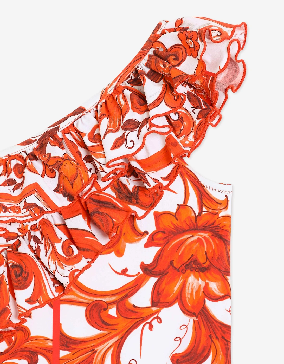 Dolce & Gabbana Girls Majolica Print Ruffle Swimsuit in Orange