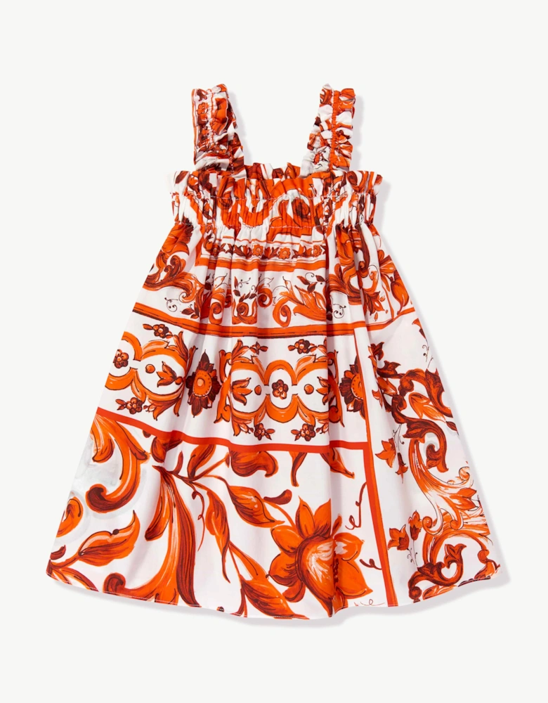 Dolce & Gabbana Girls Majolica Print Sleeveless Dress in Orange
