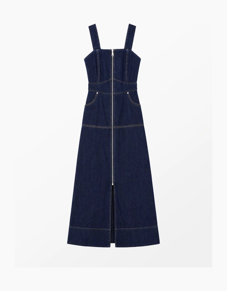 Blue Denim Zip Front Midi Dress