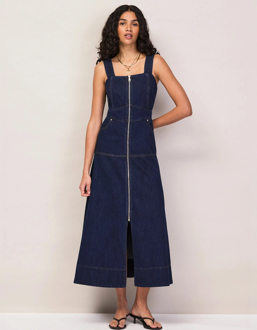 Blue Denim Zip Front Midi Dress