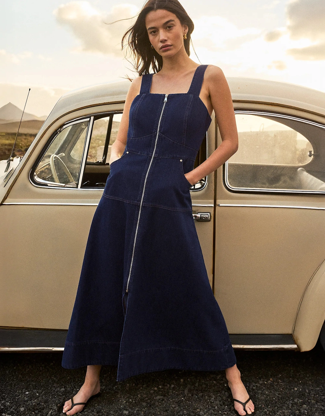 Blue Denim Zip Front Midi Dress