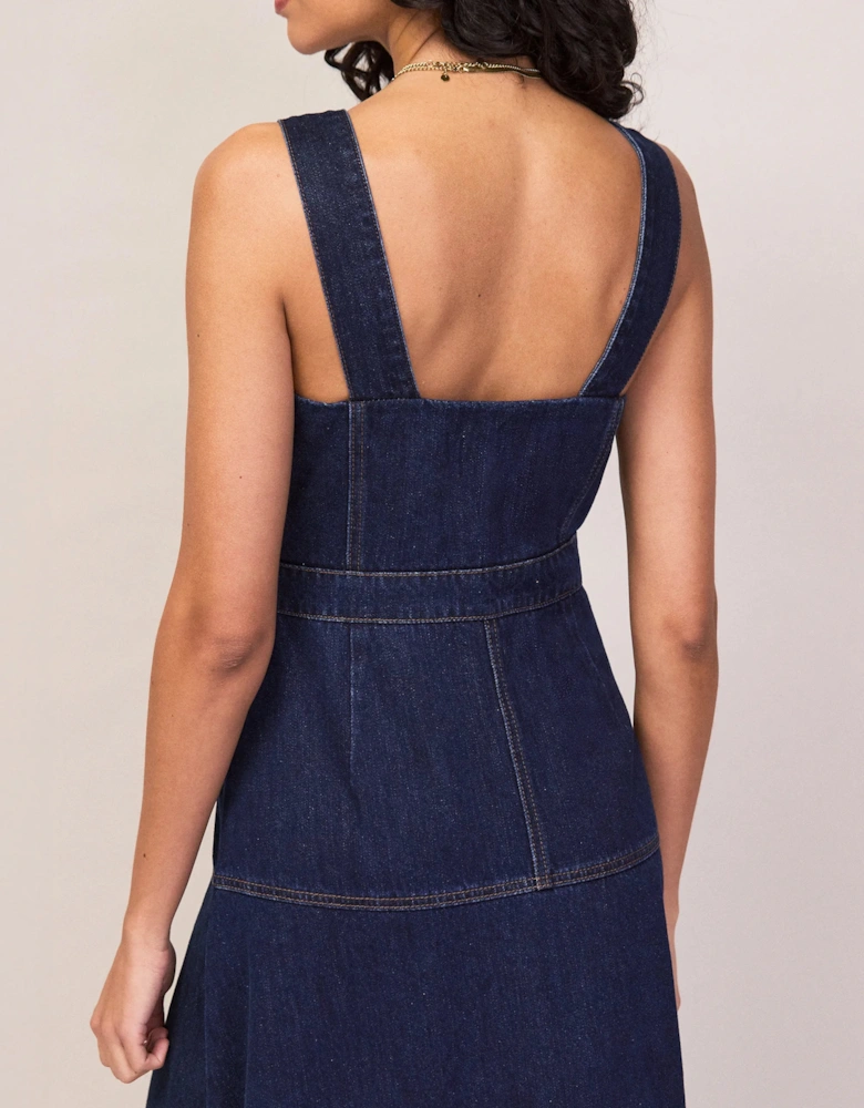 Blue Denim Zip Front Midi Dress