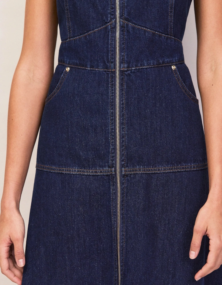 Blue Denim Zip Front Midi Dress