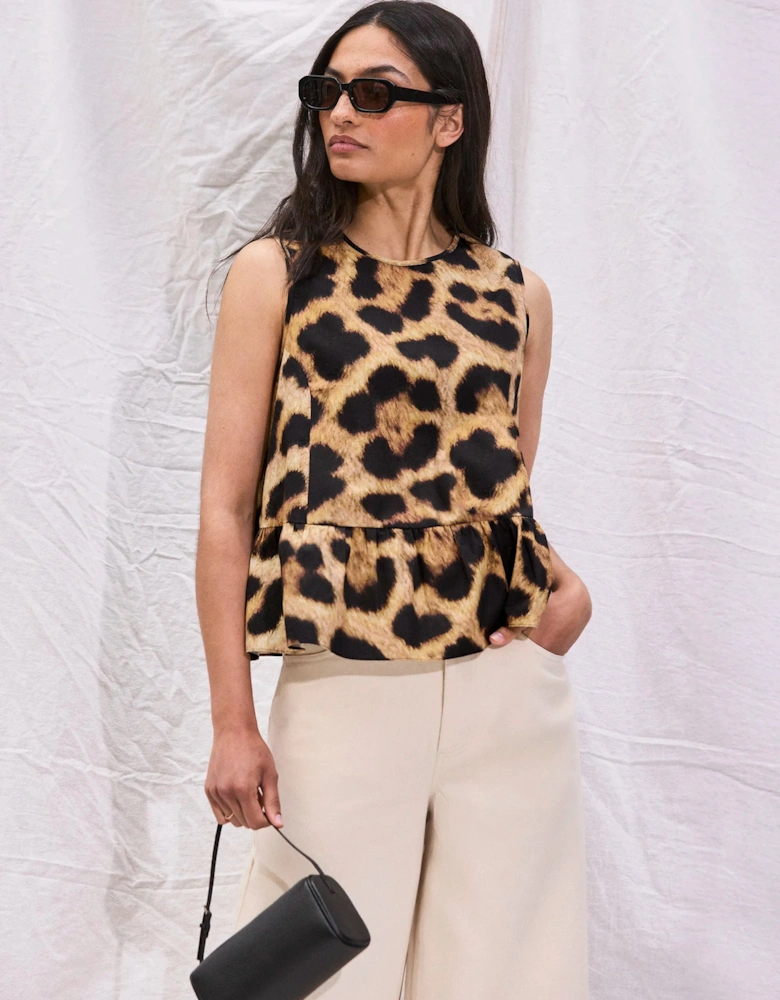 Leopard-Print Cotton Peplum Top