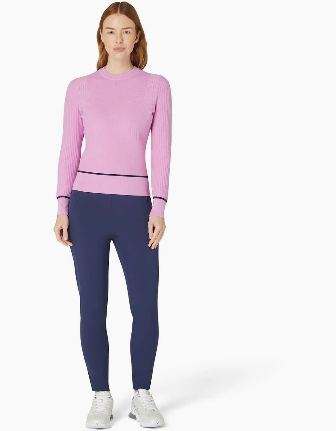 Callaway Callaway Women's Crew Neck Ribbed Collar Long Sleeve Sweater - Pink