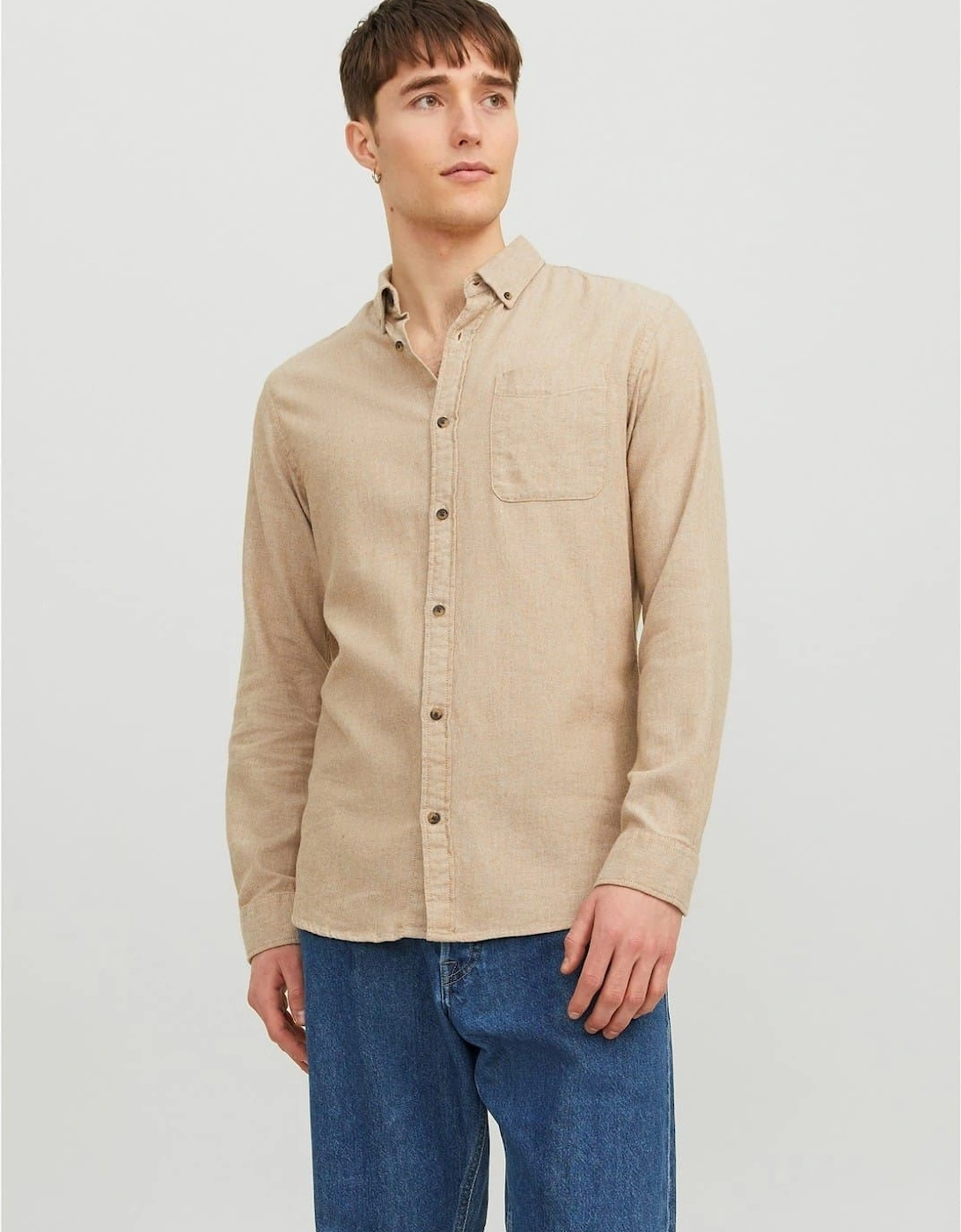 Jack & Jones Men's Cream/Brown Classic Regular Fit Long Sleeve Cuff Shirt - Size Regular/34
