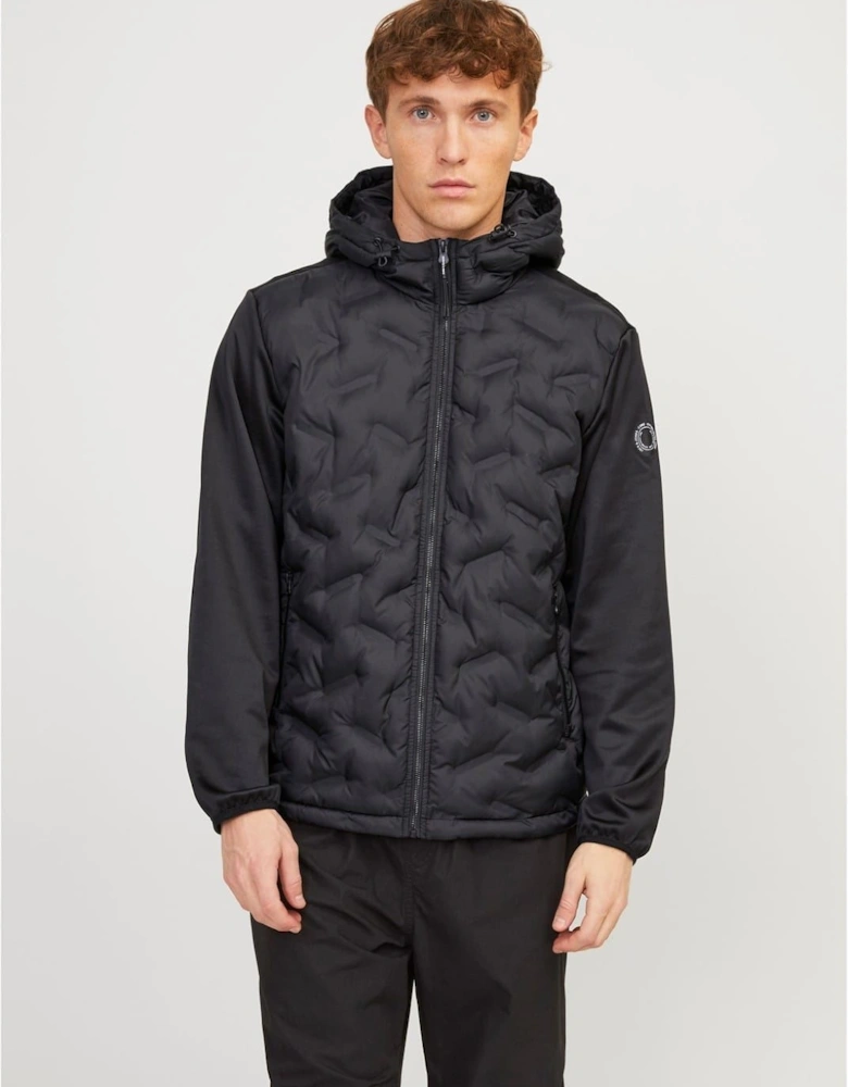 Hooded Neck Solid Patterned Hybrid Jacket with Ribbed Cuff
