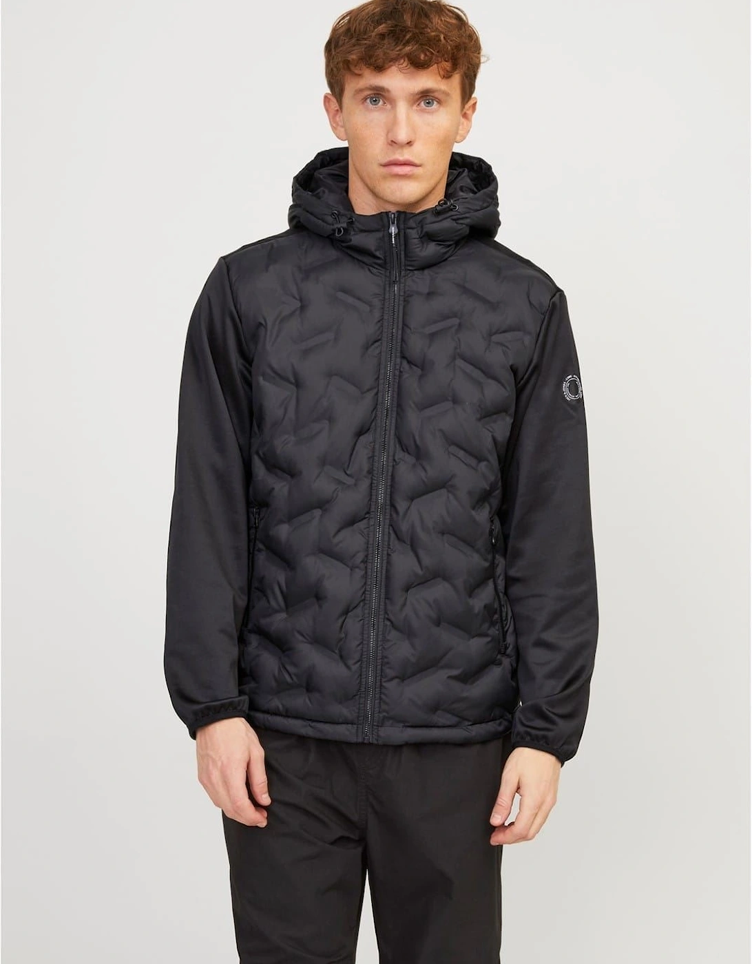 Hooded Neck Solid Patterned Hybrid Jacket with Ribbed Cuff