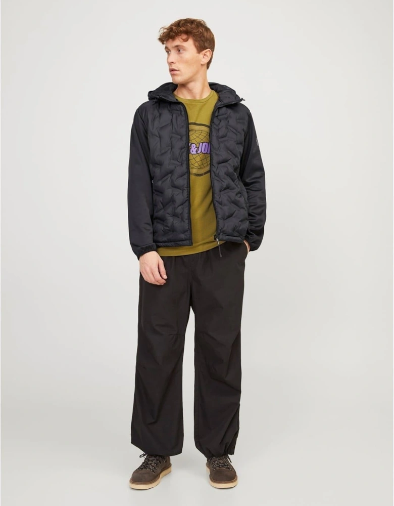 Hooded Neck Solid Patterned Hybrid Jacket with Ribbed Cuff