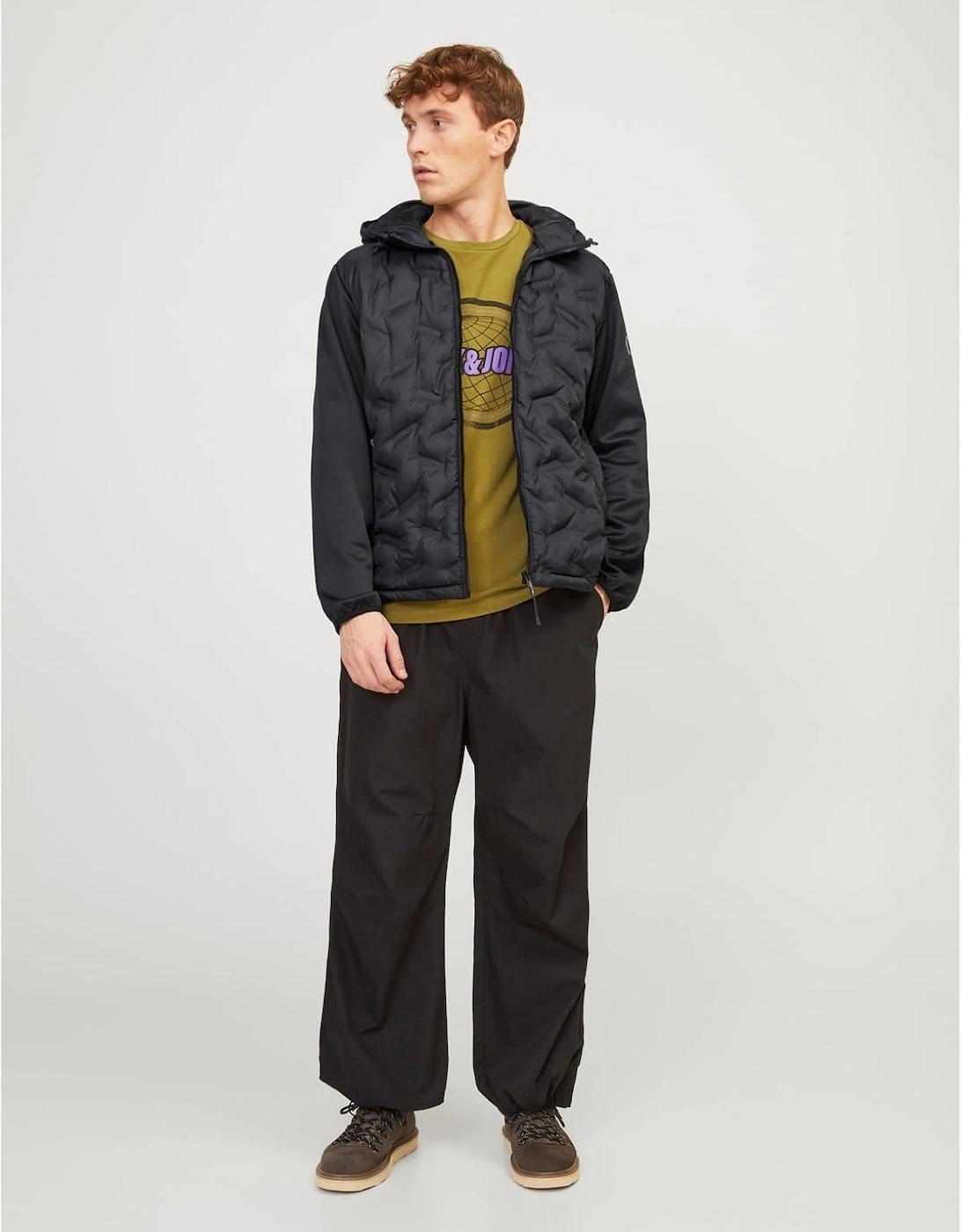 Hooded Neck Solid Patterned Hybrid Jacket with Ribbed Cuff