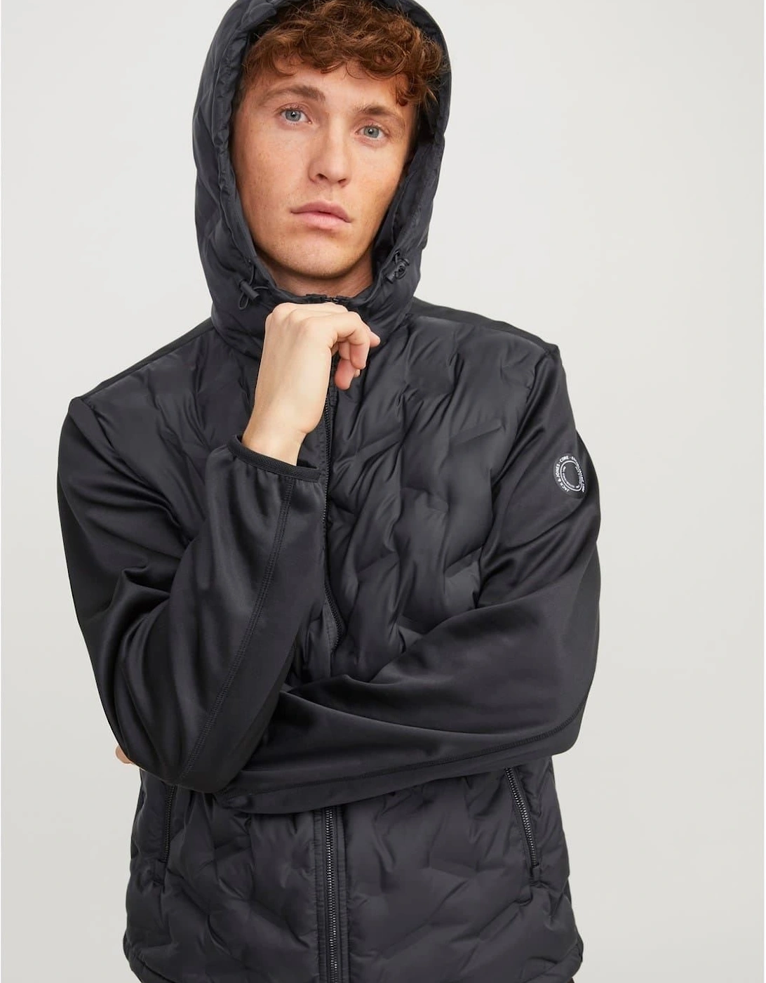 Hooded Neck Solid Patterned Hybrid Jacket with Ribbed Cuff