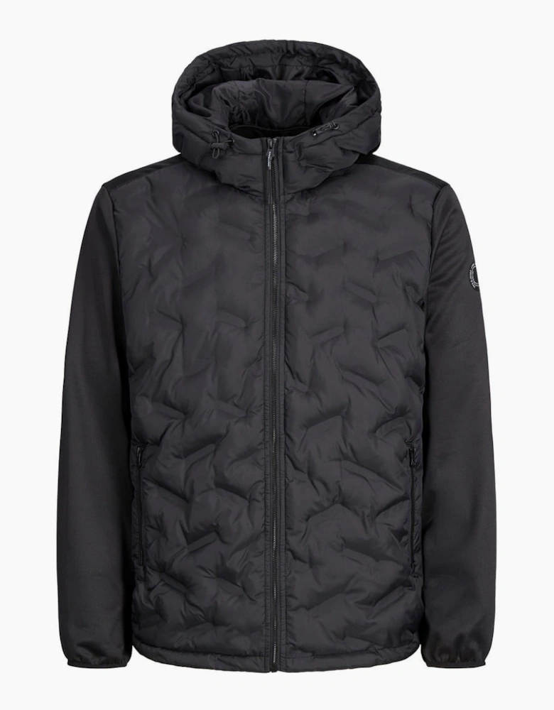 Hooded Neck Solid Patterned Hybrid Jacket with Ribbed Cuff