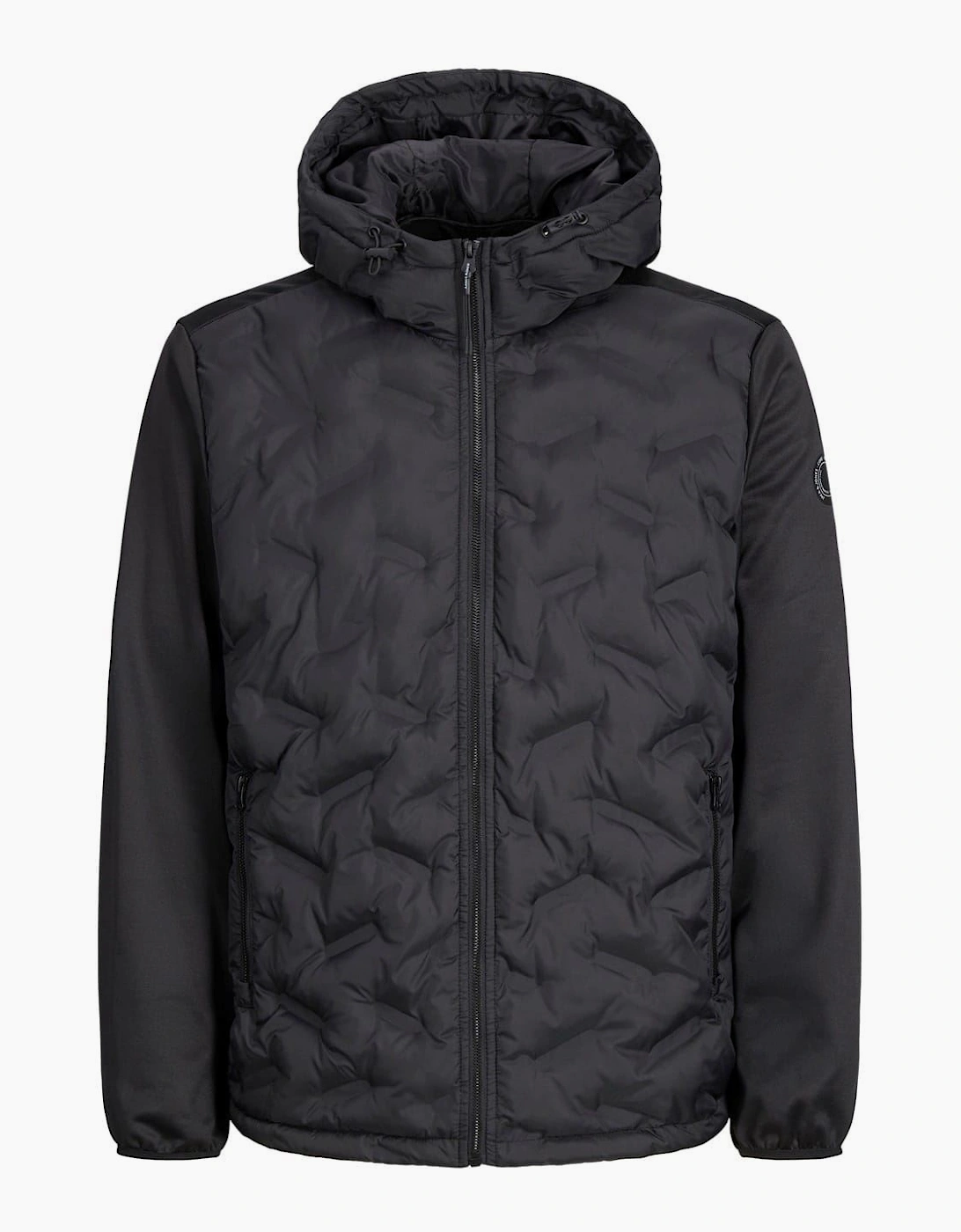 Hooded Neck Solid Patterned Hybrid Jacket with Ribbed Cuff