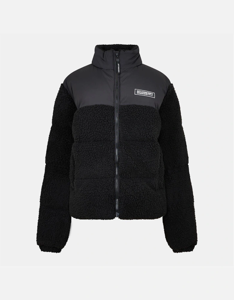 Solid Patterned Sherpa Puffer Jacket with Zipped Pocket