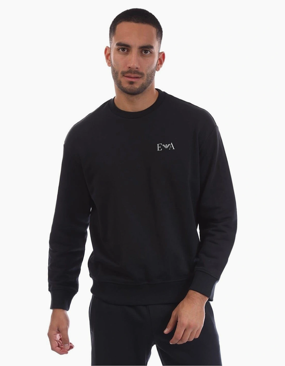 Ea7 Men's Black Crew Neck Ribbed Collar Long Sleeve Sweatshirt - Size 40