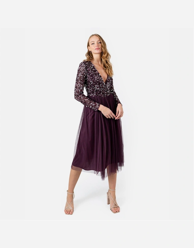 V-Neck Long Sleeve Midi Dress