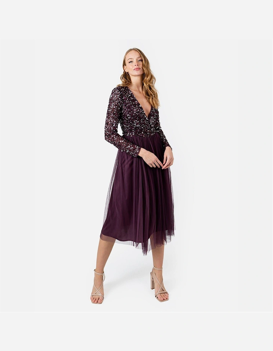 V-Neck Long Sleeve Midi Dress