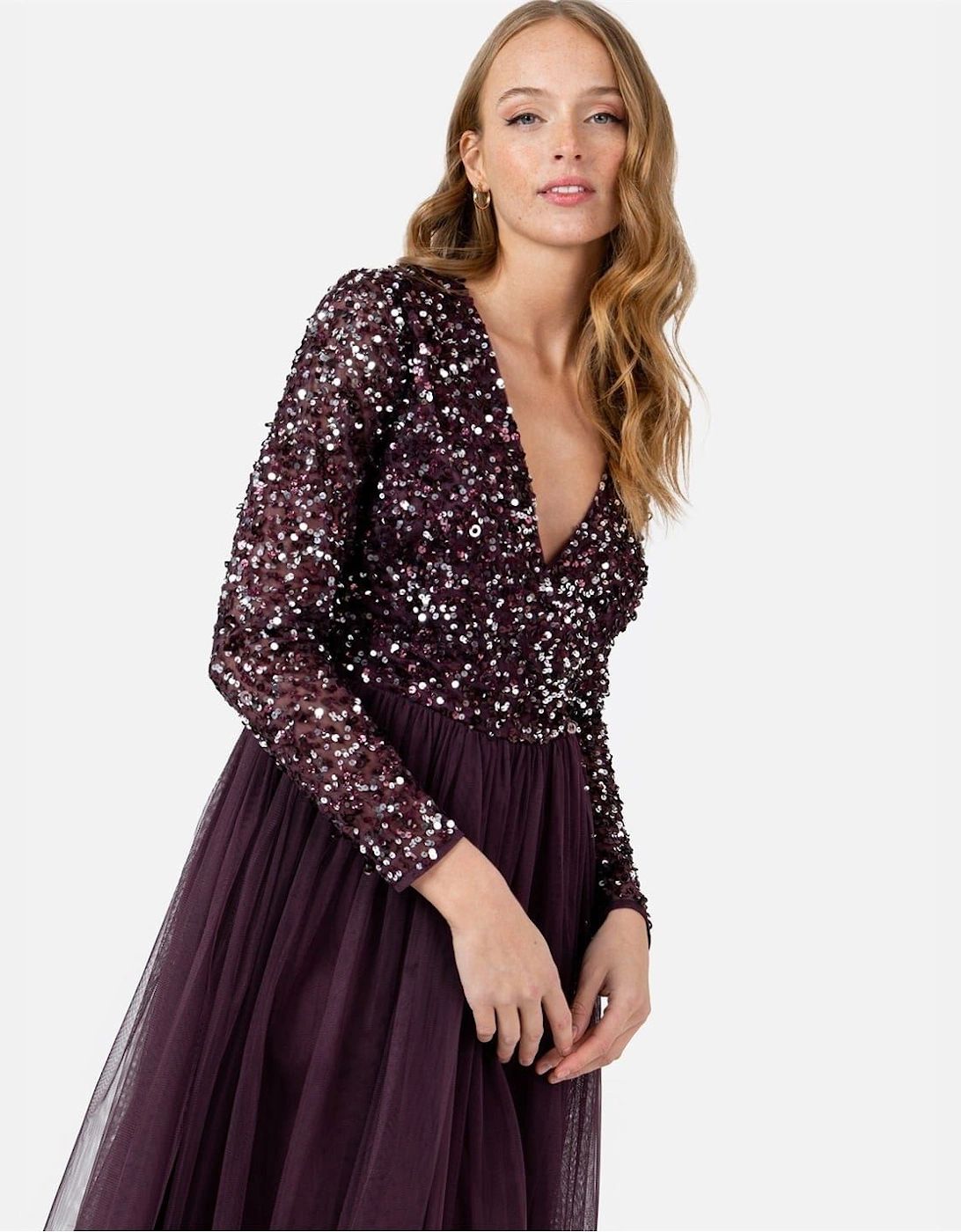 V-Neck Long Sleeve Midi Dress