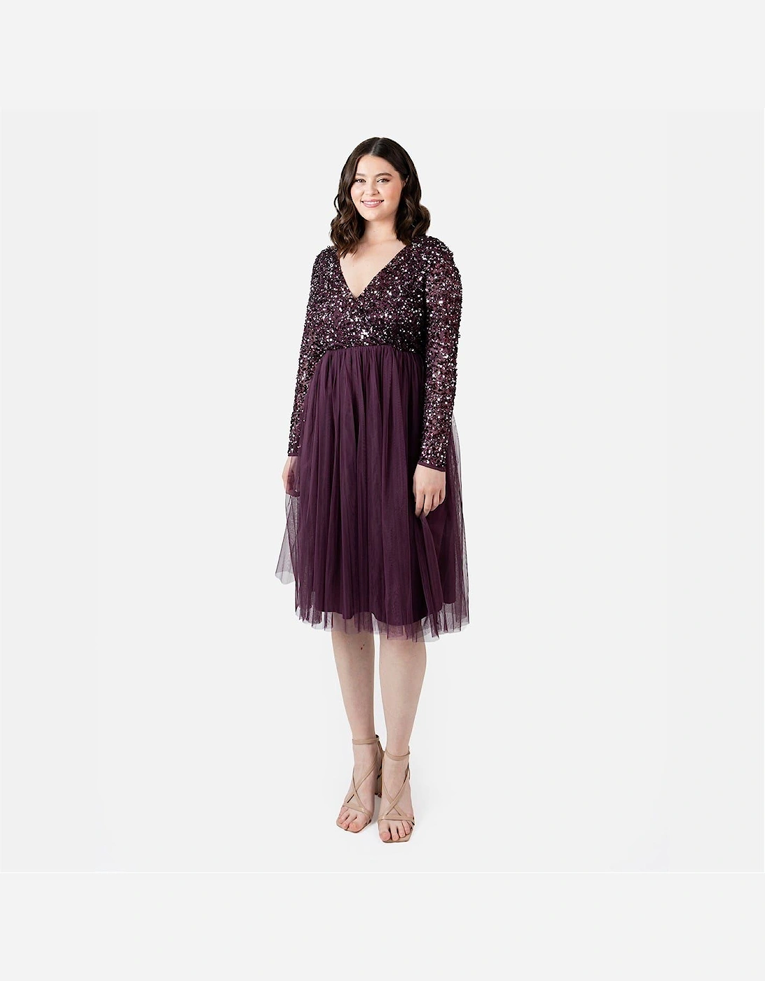 V-Neck Long Sleeve Midi Dress
