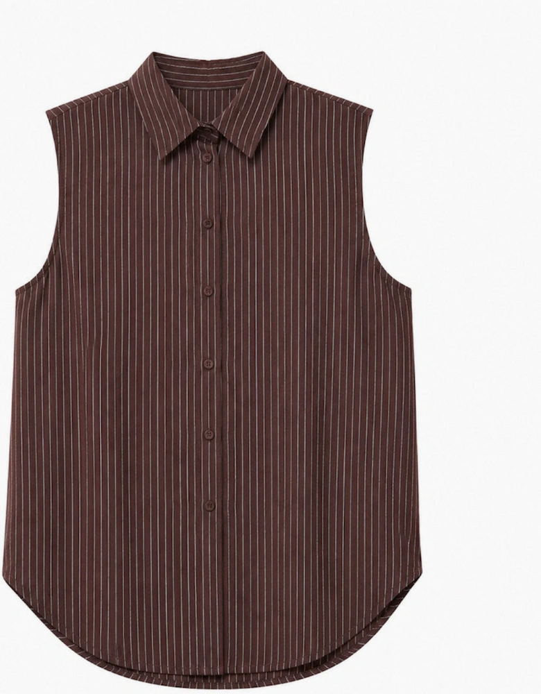 Brown Striped Sleeveless Button Up Shirt
