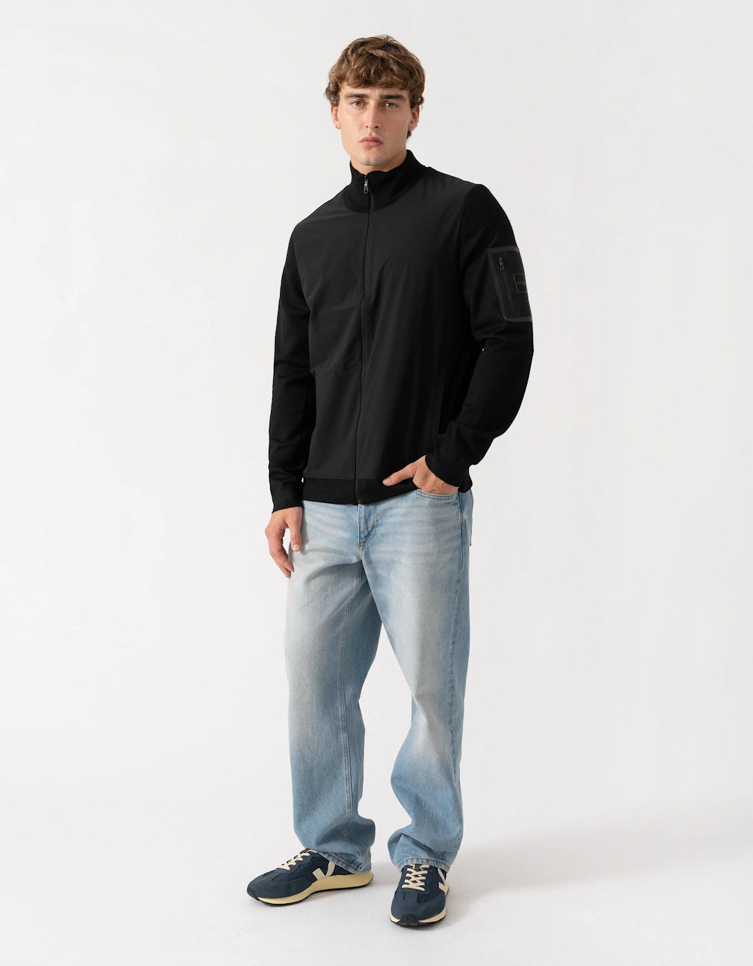 BOSS Green Momentum-X Mens Hybrid Jacket With Knitted Sleeves - Black 001